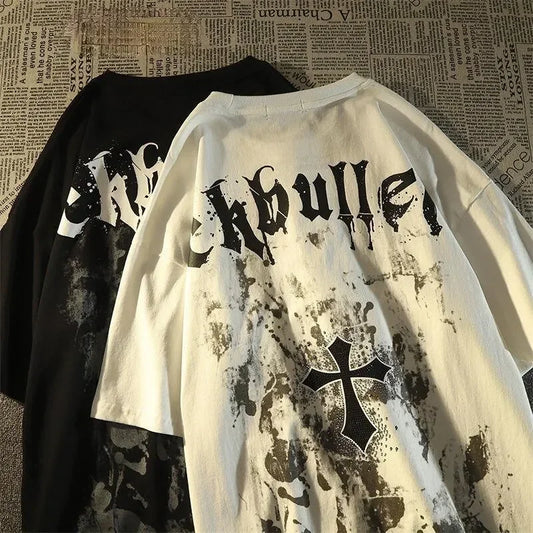 American retro street hip hop cross printed short sleeved t-shirts men and women loose ins fashion brand half sleeved lovers top