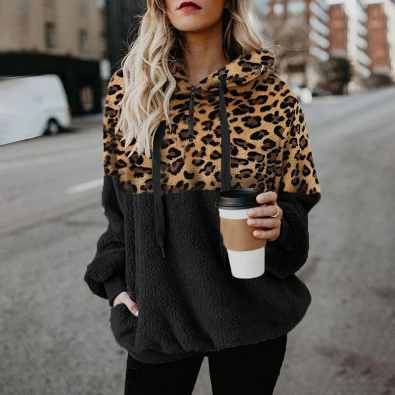 Women's Sweatshirt Autumn Winter American Style Leopard Montage Pocket Zipper Lint Thermal Hooded Sweatshirt