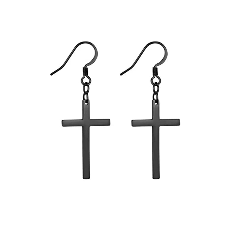 WKOUD 1 Pairs Stainless Steel Punk Black Dangle Earrings For Men Cross Skull Screw Cone Huggie Hoop Long Chain Piercing Hoop Viralgem Store
