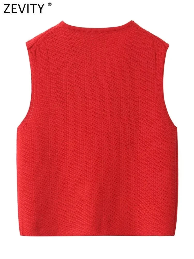 Zevity Women Euro Style V Neck Solid Sleeveless Bow Short Vest Jacket Ladies Retro Knitting Cardigan Slim WaistCoat Tops CT6203 Viralgem Store
