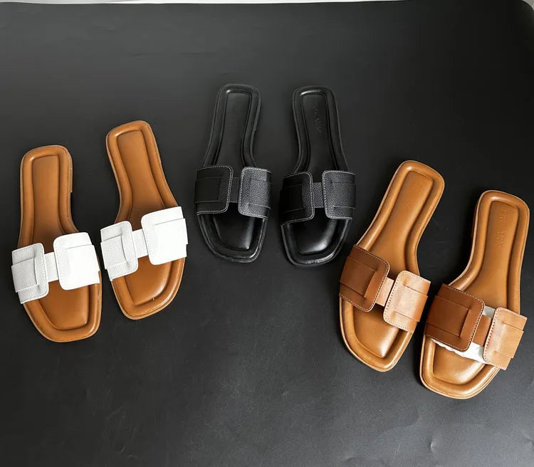 2024 Women Modern Slippers Summer Outdoors Comfortable Flat Slippers Luxury Leather Slippers Casual Slides Shoes Females Sandals