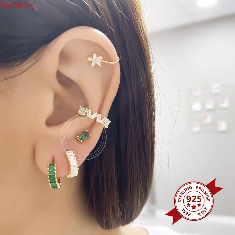 925 Sterling Silver Ear Buckle Green Series Crystal Cube Zircon Pendientes Hoop Earring Fashion Premium Huggie Jewelry For Women