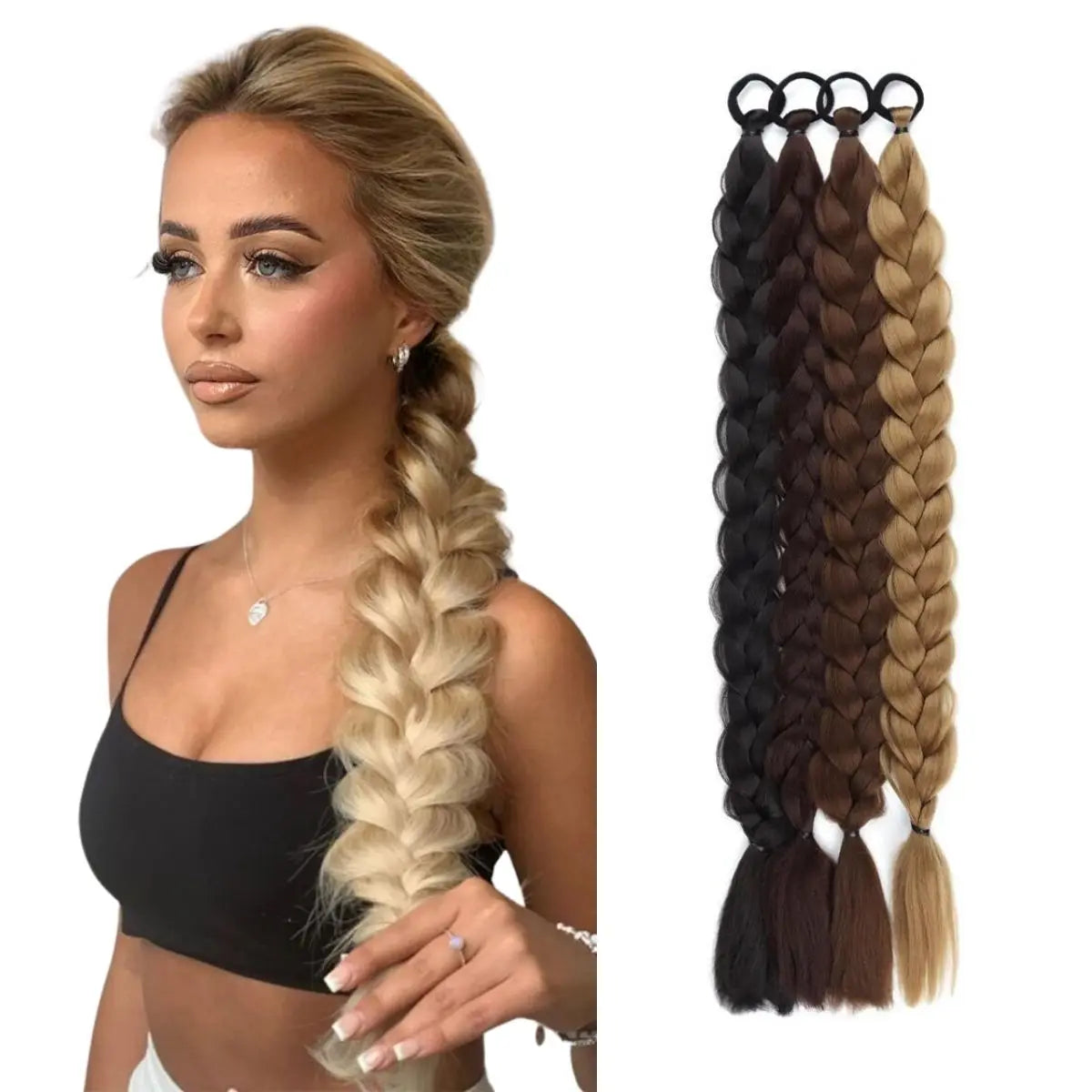 24 Inch Long Black Synthetic Braided Ponytail Hair Extension with Rubber Band for Women Hair Accessories Boxing Braids