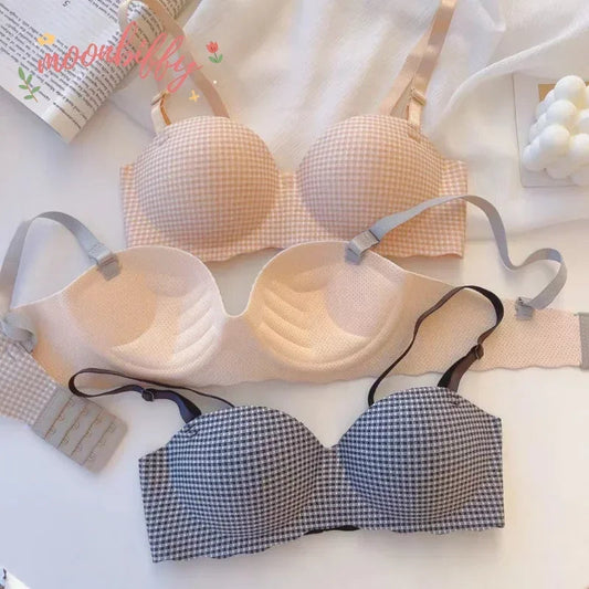 Women Ice Bra One Cup Thick Comfortable Without Steel Ring Lingerie Sexy Push Up Bralette Underwear Fashion Plaids Pattern Bra Viralgem Store