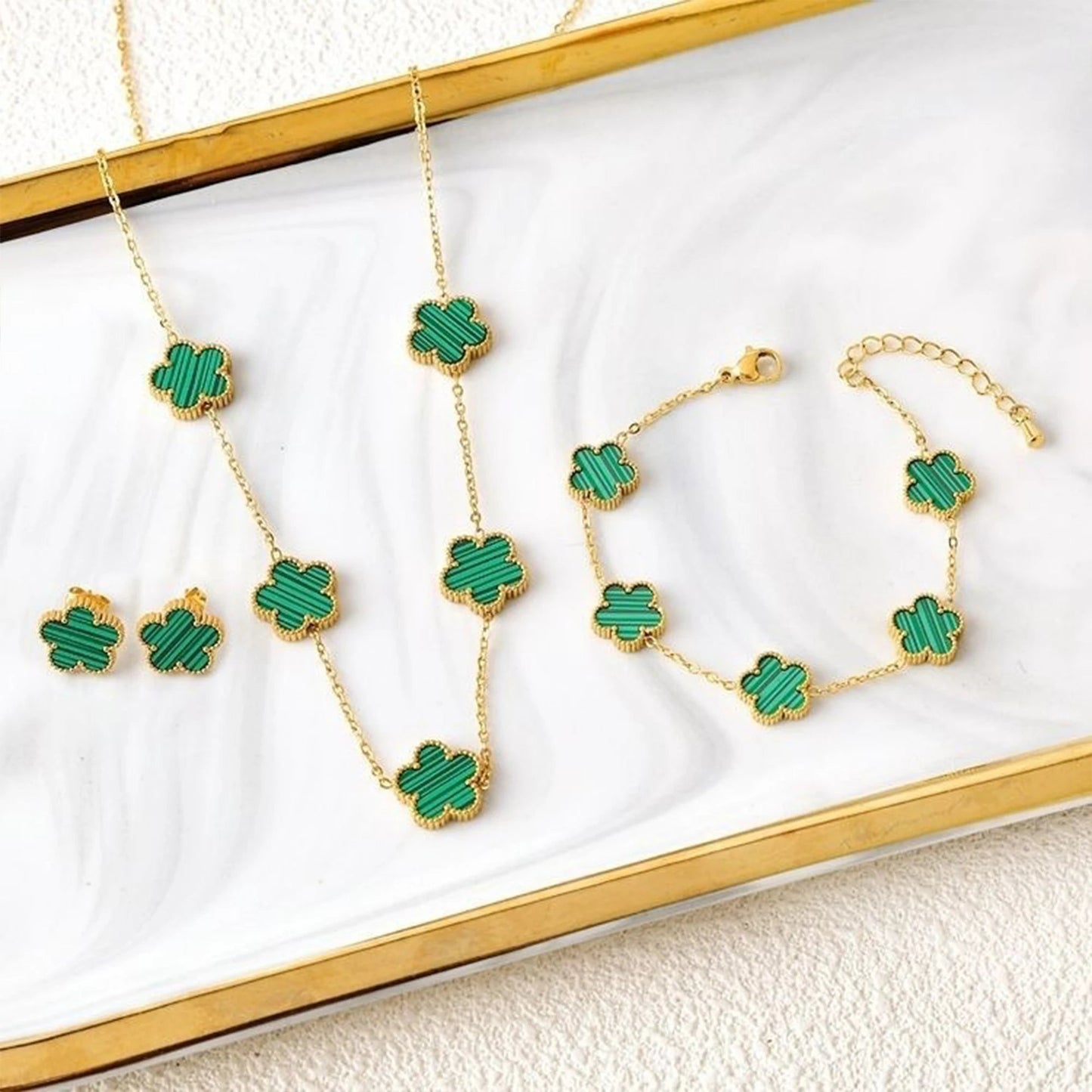3Pcs 18k Gold-Plated Five-Leaf Flower Necklace Earrings Bracelet Jewelry Set For Woman Fashion Party Jewelry Daily Wear Clover Viralgem Store