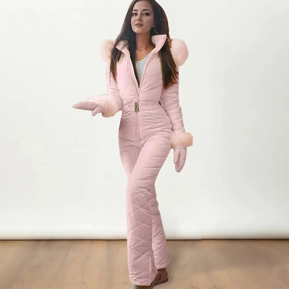 Women Winter Jumpsuit with Gloves Thickened Padded Snowsuit Hooded Windproof Outdoor Ski Outfit Ice Snow Warm Sports Jacket Viralgem Store