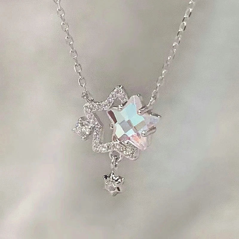 Sweet Cute Shiny Zircon Star Pendant Necklace Korean Fashion Elegant Girls Women Bow Knot Round Crystal Clavicle Chain Jewelry