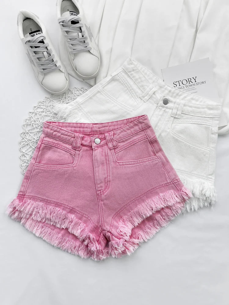 White Denim Shorts Women New High-Waist Ripped Fringed Burr Hot Pants 2023 Summer Loose Wide-Leg Korean Style Short Femme