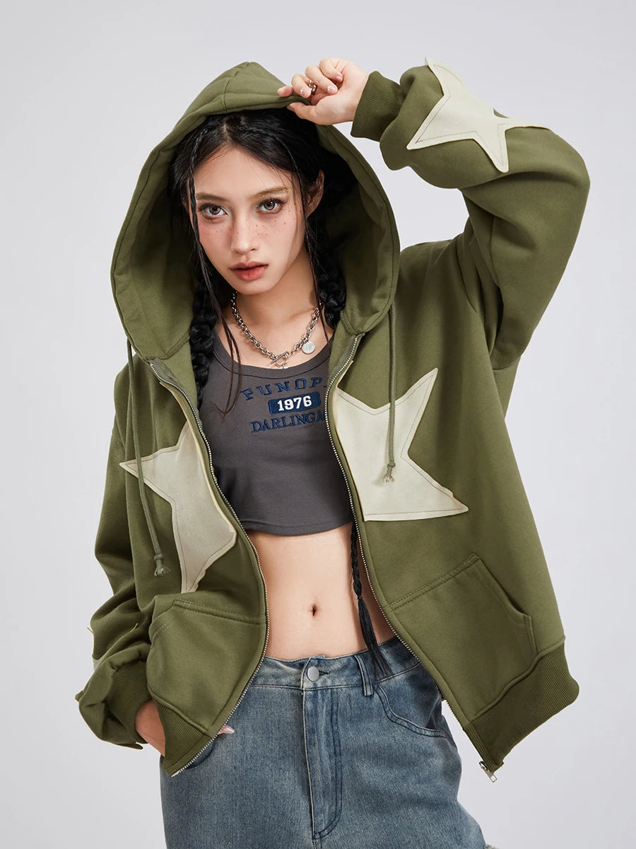 Women's Y2k Zip Up Hoodies Star Print Long Sleeve Graphic Hooded Jacket Aesthetic Oversized Coat Harajuku Streetwear