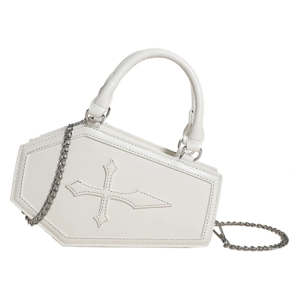 Women Crossbody Bag Large Capacity Coffin Shape Phone Shoulder Bag Halloween PU Top Handle Bag for Travel Make Up Cosmetic Bag