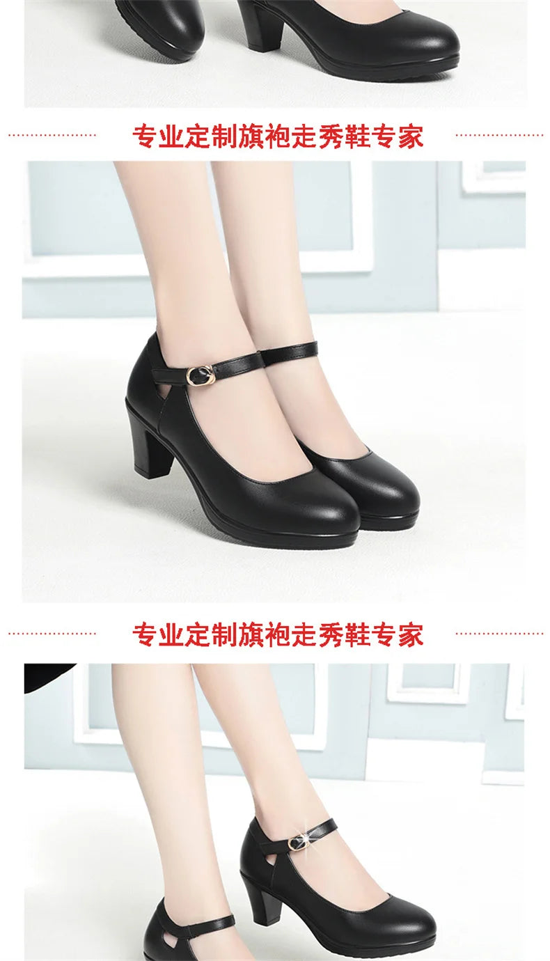 Spring Soft Leather Shoes Women Round Toe Platform Pumps Thick Heel Fashion Temperament Elegant Black Work Single Shoes Viralgem Store