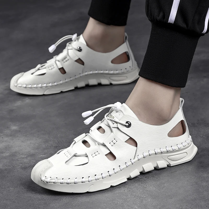 Summer High Quality Men's Fashion Trend Sandals Outdoor Breathable Massage Sole Anti slip Sandals Men's White Sandals Leather Viralgem Store