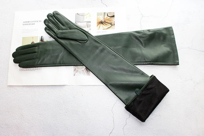 Touch Screen Extra Long Leather Sheepskin Gloves Women's Black Fashion Simple Straight Style Velvet Lining Winter Warm Sleeve