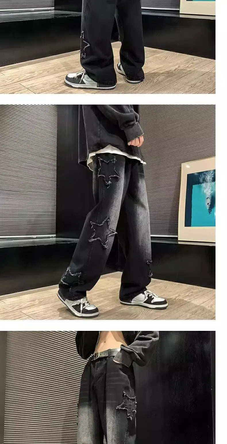 2024 New Fashion Stars Towel Embroidery Brown Men Jeans Pants Y2K Clothes Straight Hip Hop Cotton Trousers Pantalon Homme Viralgem Store