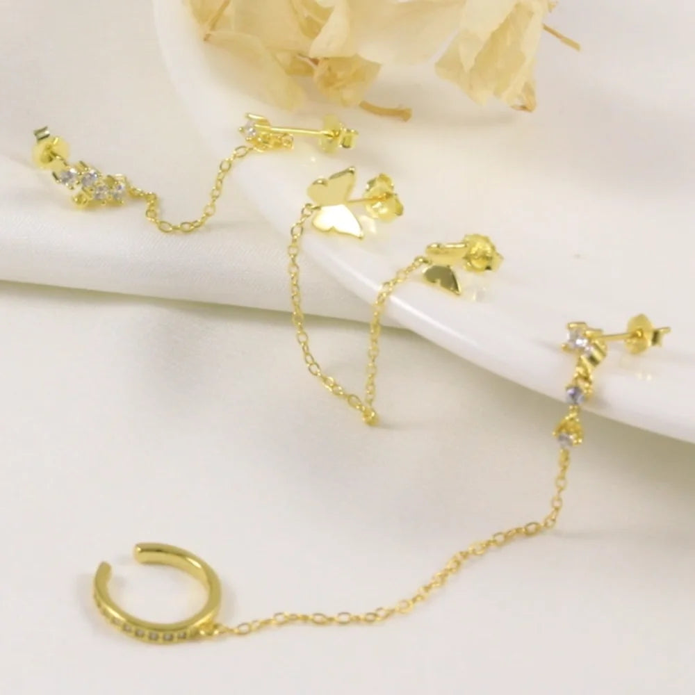 Aide 925 Sterling Silver 1pc Four Zircons Charm Chain Tassel Earrings For Women Double Studs Sparkling CZ Pave Cartilage Clips