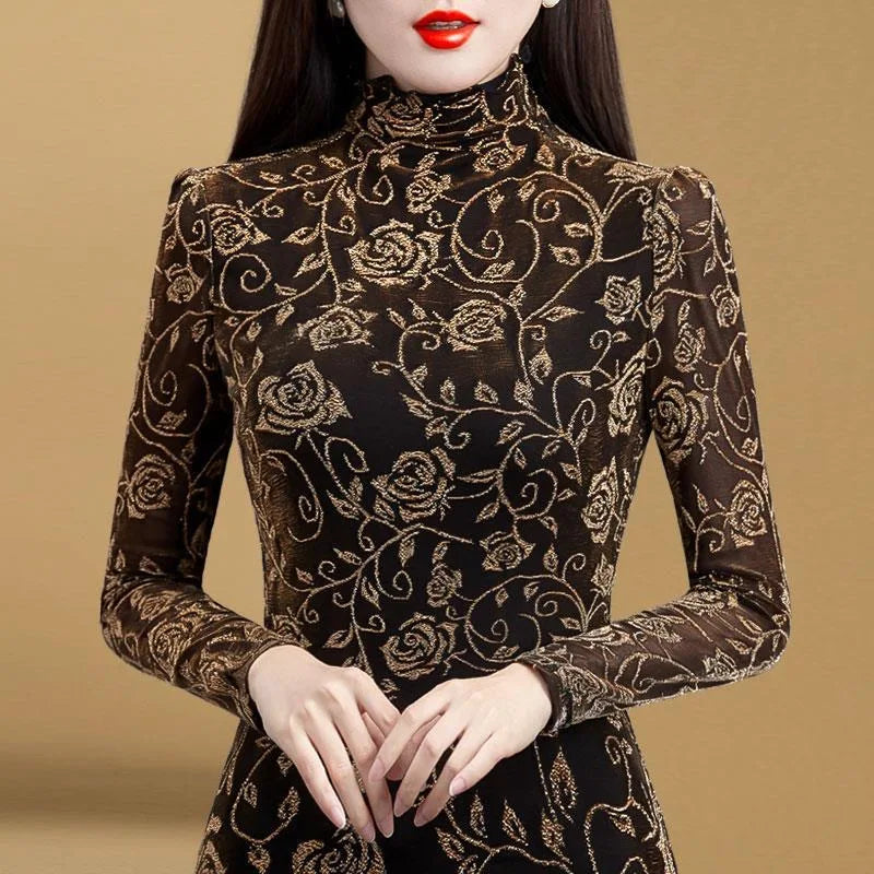 Women's Winter Autumn Style Blouse Shirt Women's Printed Turtleneck Long Sleeve Slim Elegant Tops SP1192