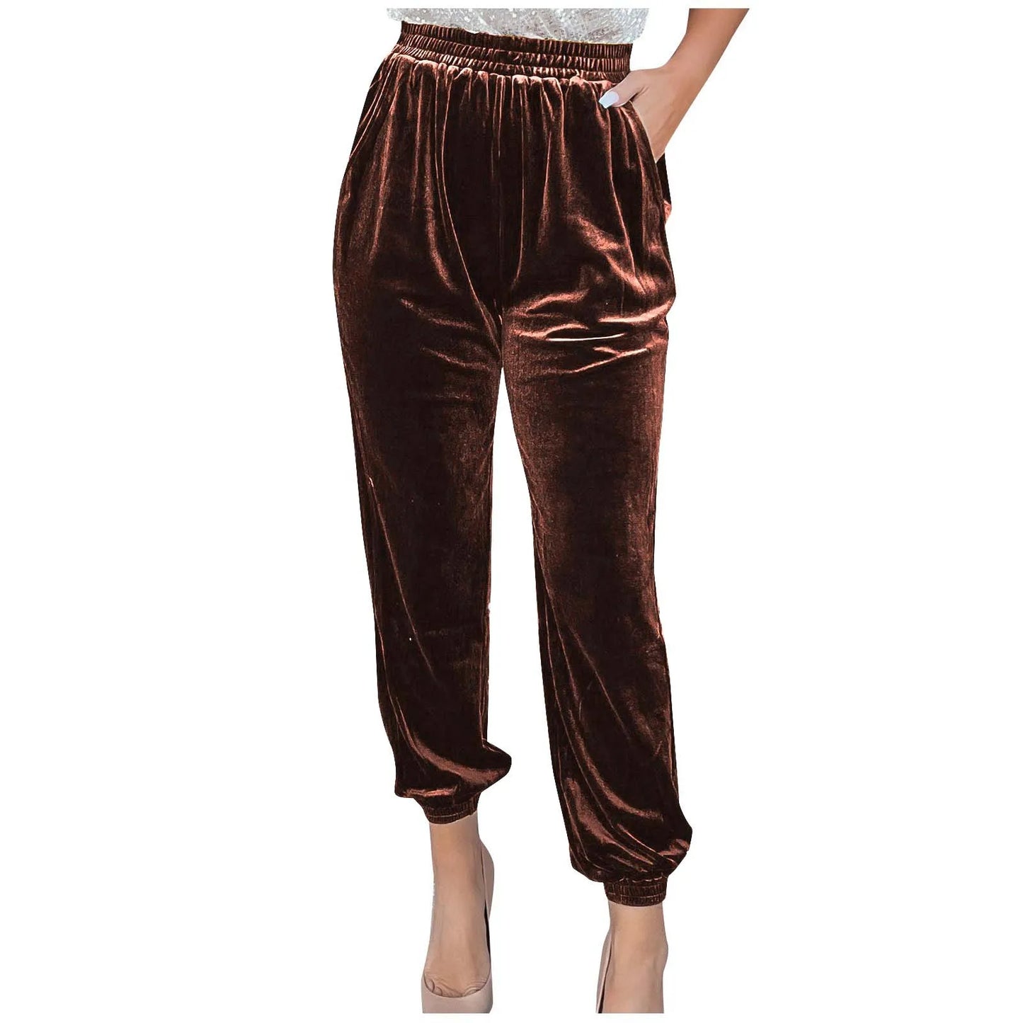 Women's Velvet Pants High Waist Loose Wide Leg Pants Casual Elastic Waist Velour Long Trousers with Pockets