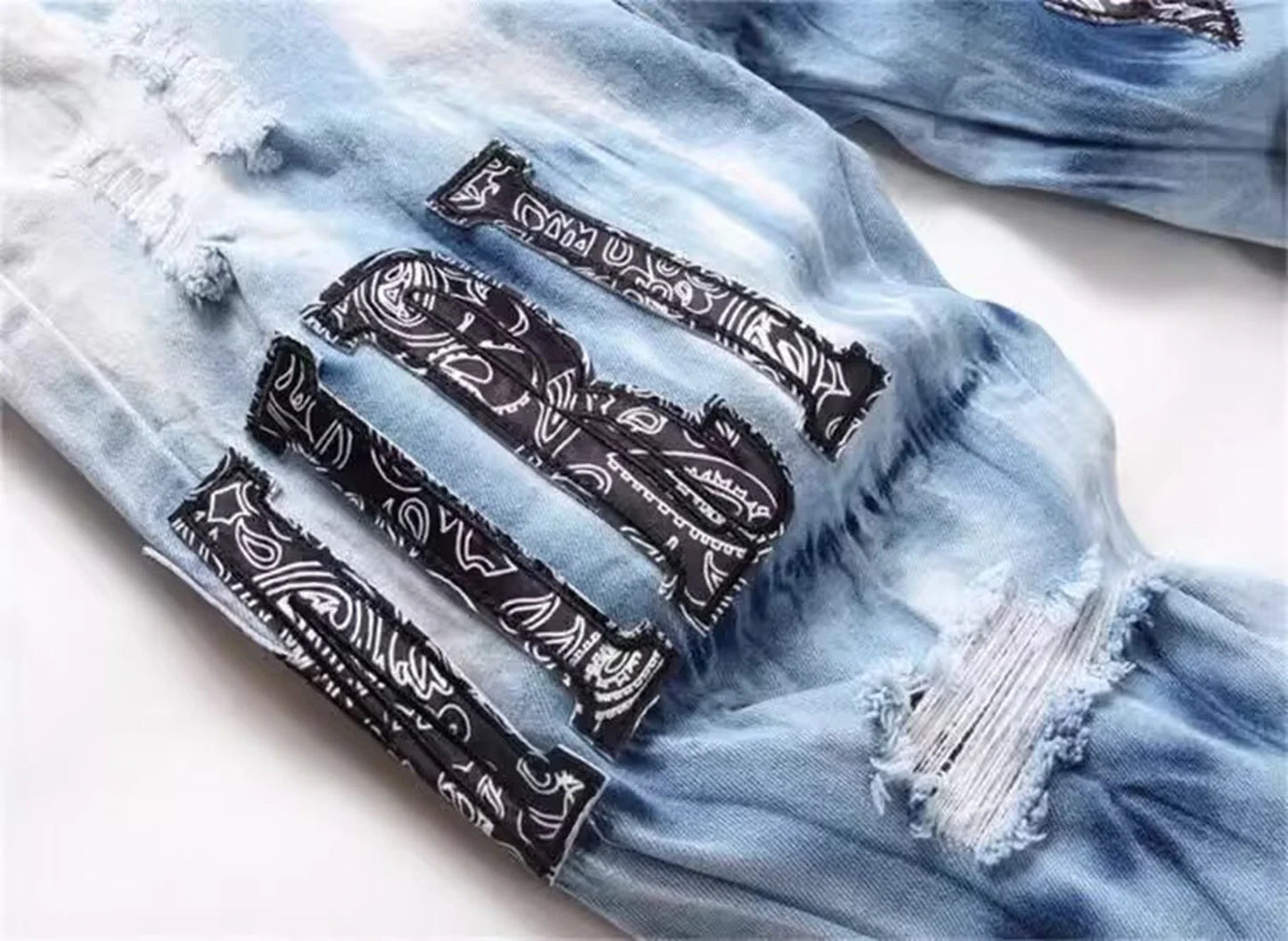 Y2K Star Embroidery Broken Hole Jeans Tie Dyed  Light Blue Cotton Stretch Streetwear Fashion Brand Men's Skinny Denim Pants