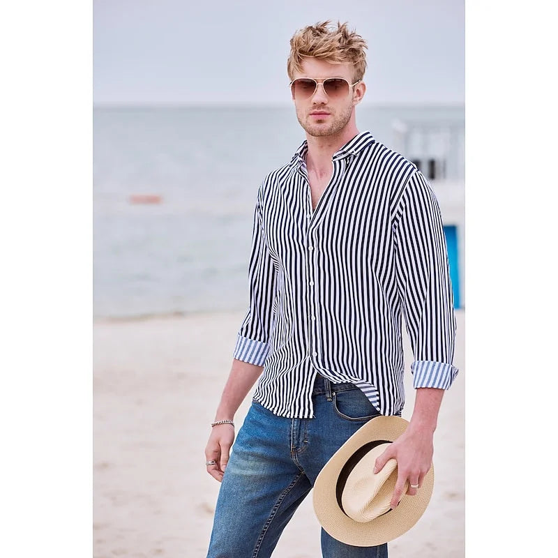 2025 Men's Formal Shirt Striped Shirt Button Lapel Soft Shirt Wedding Black White Red Navy Blue Long Sleeve Clothing XS-6XL