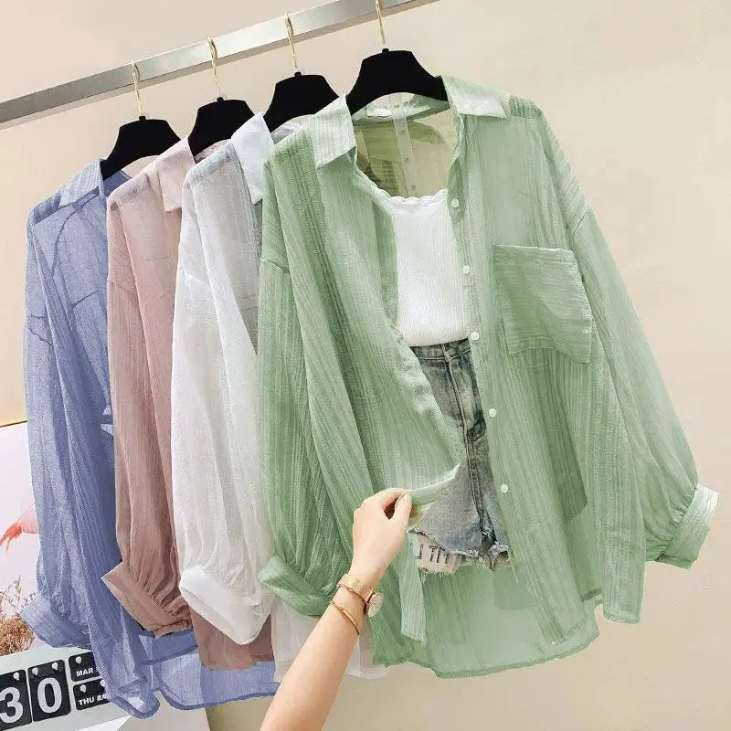Summer Sunscreen Shirt Elegant Perspective Thin Chiffon Blouse Korean Harajuku See Through Loose Top Casual Women's Cardigan Freshlook Styles
