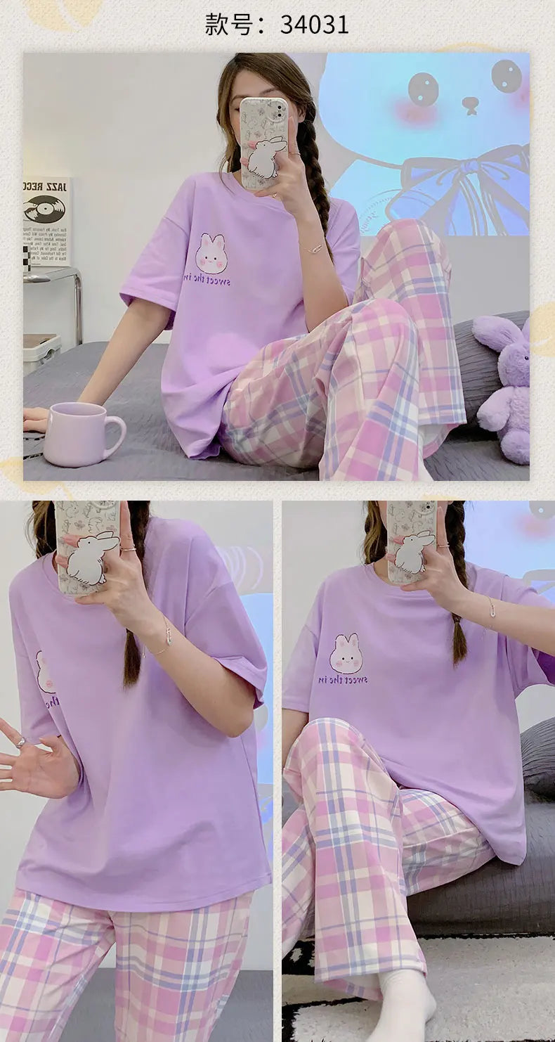 Spring Summer Women Pajamas Soft Cotton Cute Rabbit Print Pijamas Short Sleeved Plaid Pants Sleepwear Fashion Home Wear