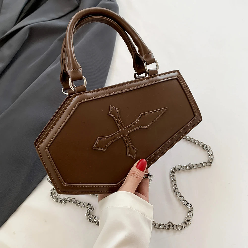 Women Crossbody Bag Large Capacity Coffin Shape Phone Shoulder Bag Halloween PU Top Handle Bag for Travel Make Up Cosmetic Bag