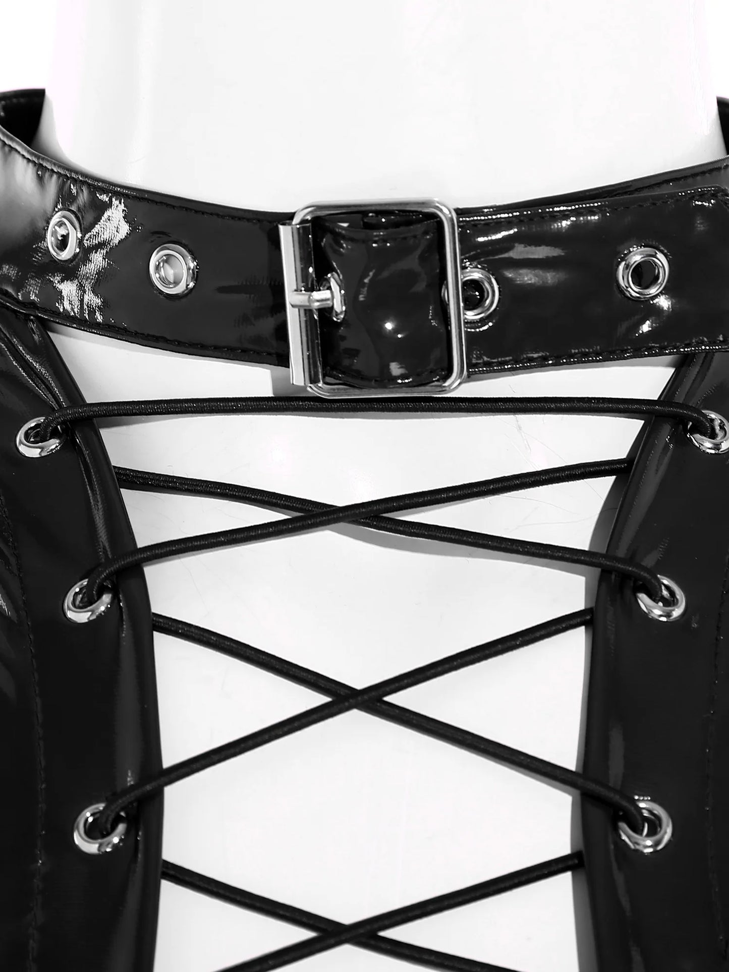 Women's Patent Leather Sleeveless Crop Tops Gothic Punk Corset Top Adjustable Round Neck Lace-up Vest Party Clothes Clubwear