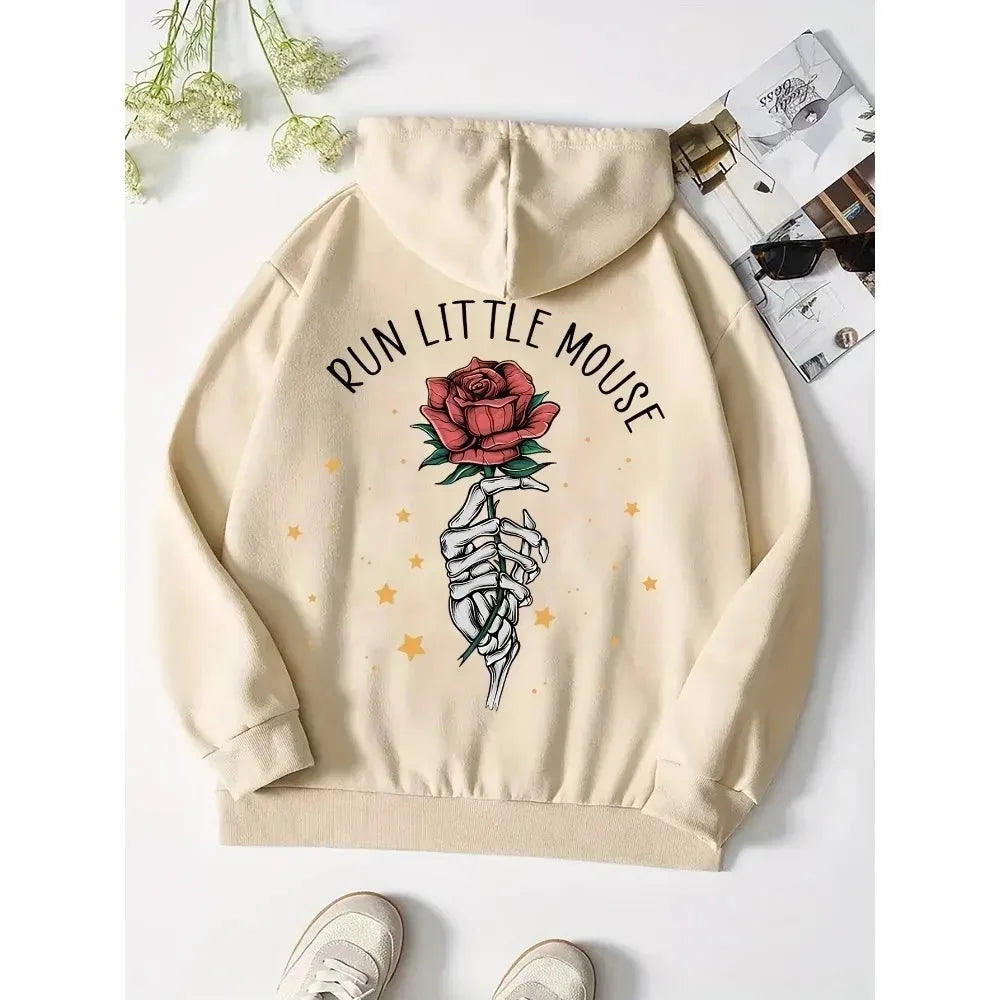 2024 Skeleton hand and Rose Graphic Print Hoodie Casual Hooded Sweatshirt For Winter Fall Women's Plus Size XS-3XL Clothing