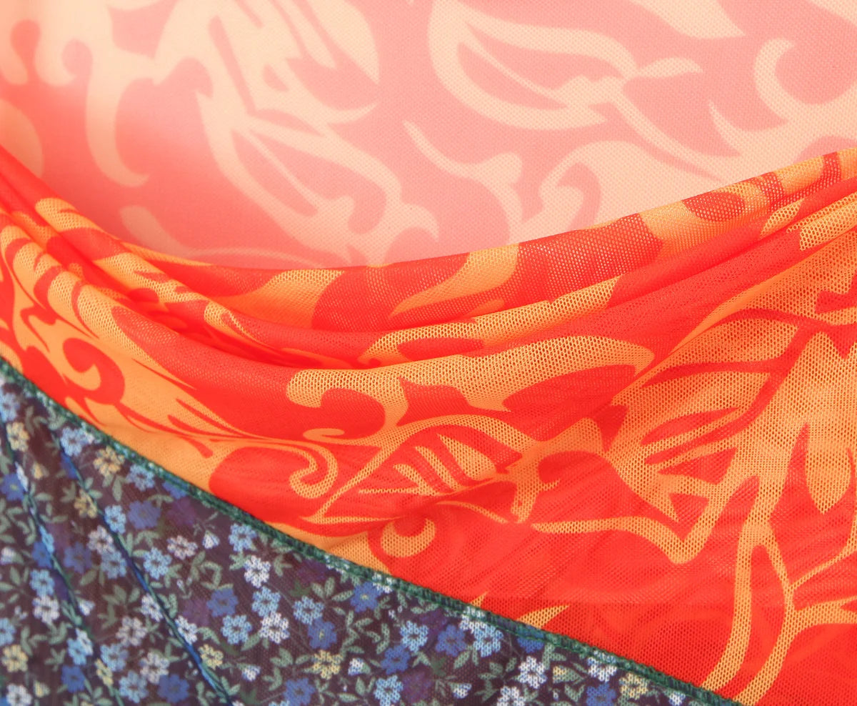 2024 Sexy Ruched Square Collar Contrast Color Plaid Flower Print Sleeveless Mini Mesh Dress Women Packages Hips A-line Tank Robe