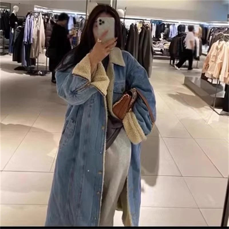 2023 Winter Lamb Wool Denim Coat Women Mid length Style Loose Temperament BF Slim and Thickened Warm Fried Street Cotton Coat