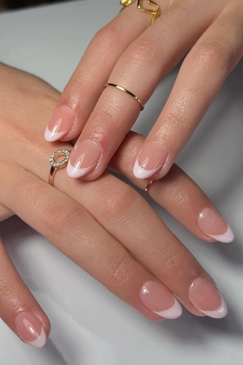 24Pcs Wearable French Fake Nails with Glue Simple Almond False Nails White Edge Design Short Full Cover Oval Nails Set Press On