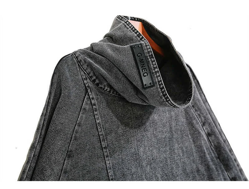 [EAM] Loose Fit Black Denim Big Size Sweatshirt New High Collar Long Sleeve Women Big Size Fashion Spring Autumn 2024 1K166