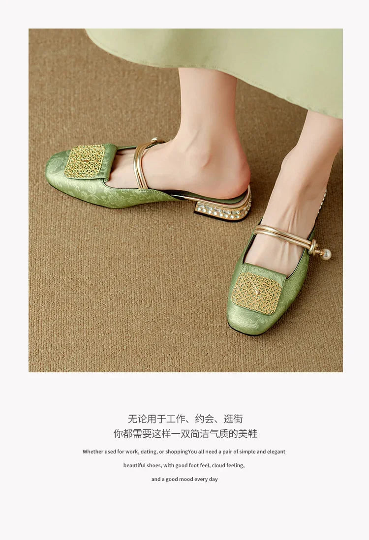 2024 Summer Elegant Sandals Women New Rhinestones Fashion Dress Half Slippers Baotou Women's Temperament Chinese Style Slippers