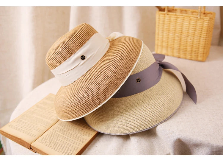 2024 Hepburn Sun Hat Women Summer Sunscreen Straw Hat Female Retro Bow French Elegant Hat Big Eaves Sunshade Beach Hat