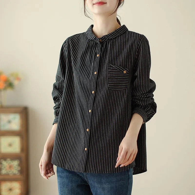 Women Long Sleeve Casual Shirt New Arrival 2024 Spring Korean Style Vintage Striped Loose Female Basics Cotton Tops Shirts B3254