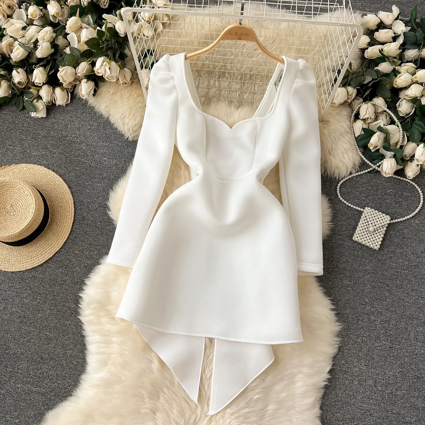 XFPV Female Dress Square Collar Solid Puff Sleeve Backless Bow High Waist Elegant Fashion Vestidos Spring Autumn2024 SM9457
