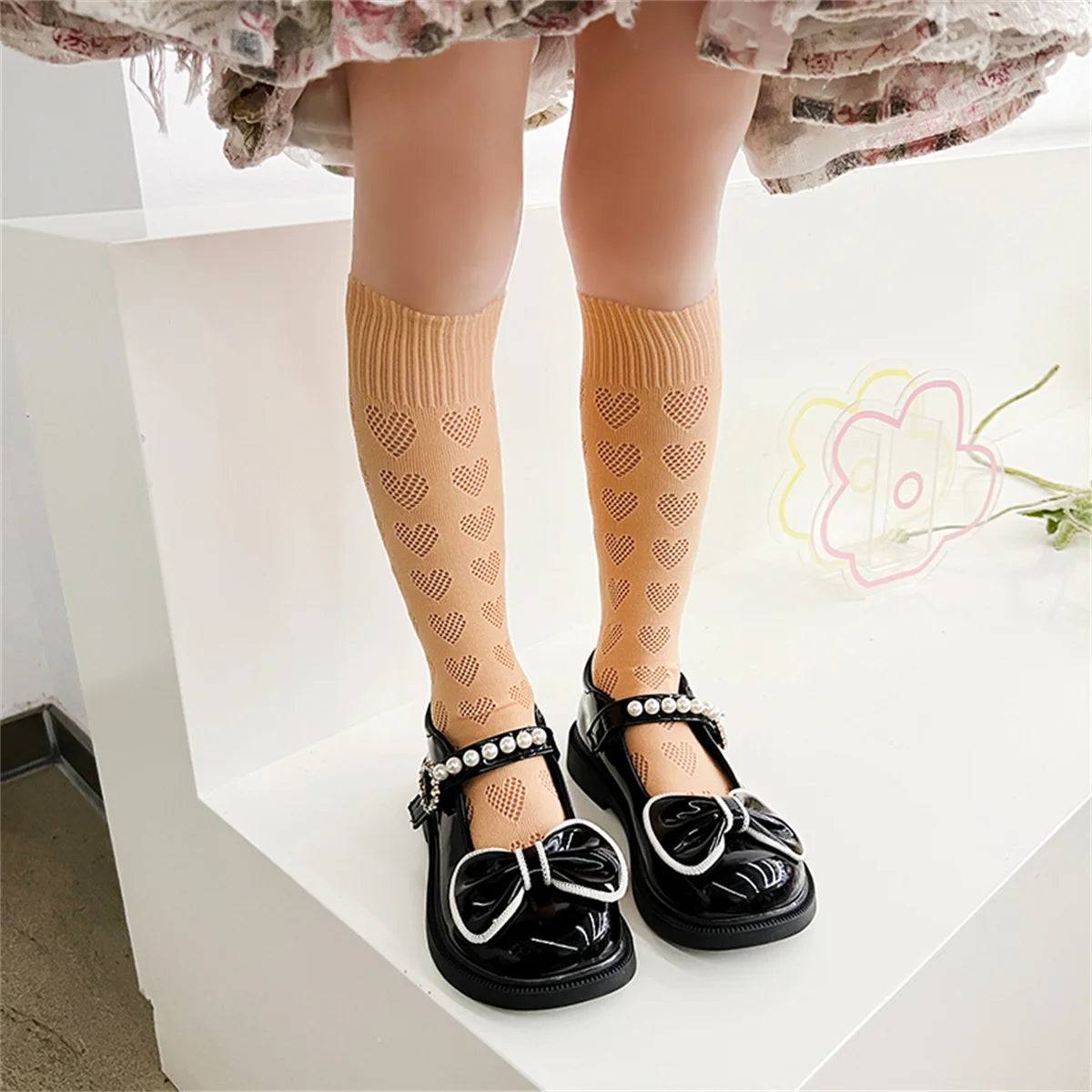 1/4 pairs of girls' dopamine heart hollow  mesh straight socks, lightweight  breathable heart mesh socks, women's long tube