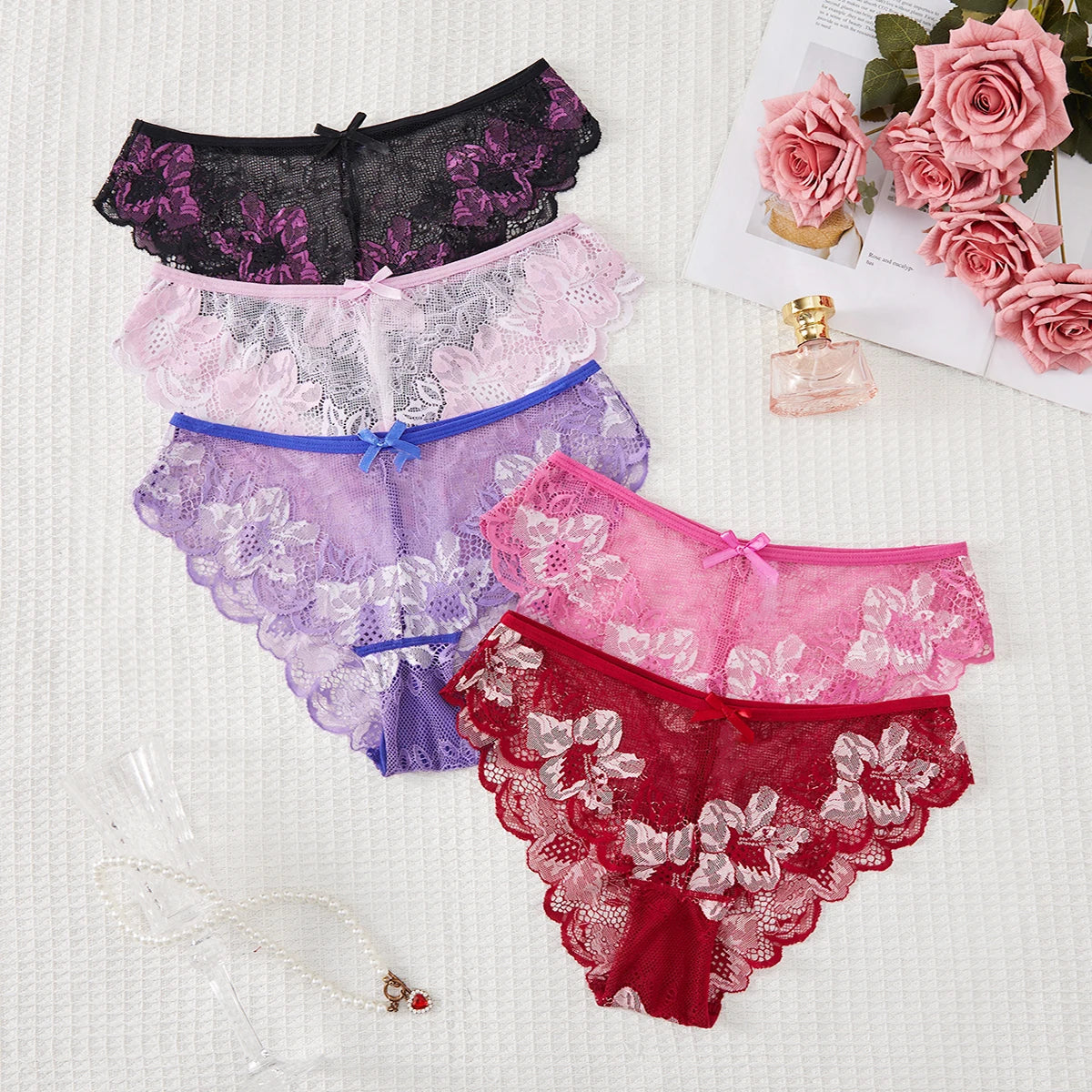 5pcs Lace Sexy Women Panties Mid Waist Perspective Floral Ladies Briefs Breathable Comfortable Female Underwear Viralgem Store