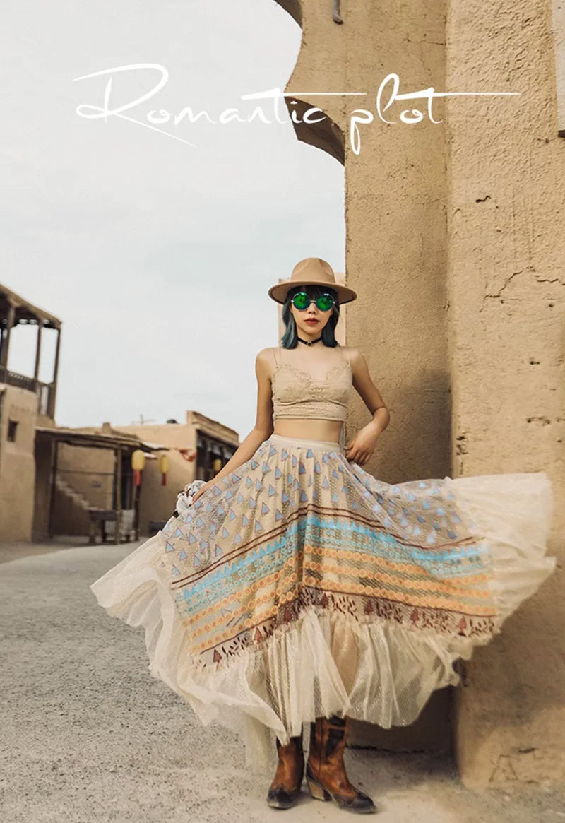 Women‘s Travel Holiday Wear Bohemian Colorful Embroidery Lace Ruffles Skirt Asymmetrical Hem Skirt Female Shiny Gold Mesh Skirts