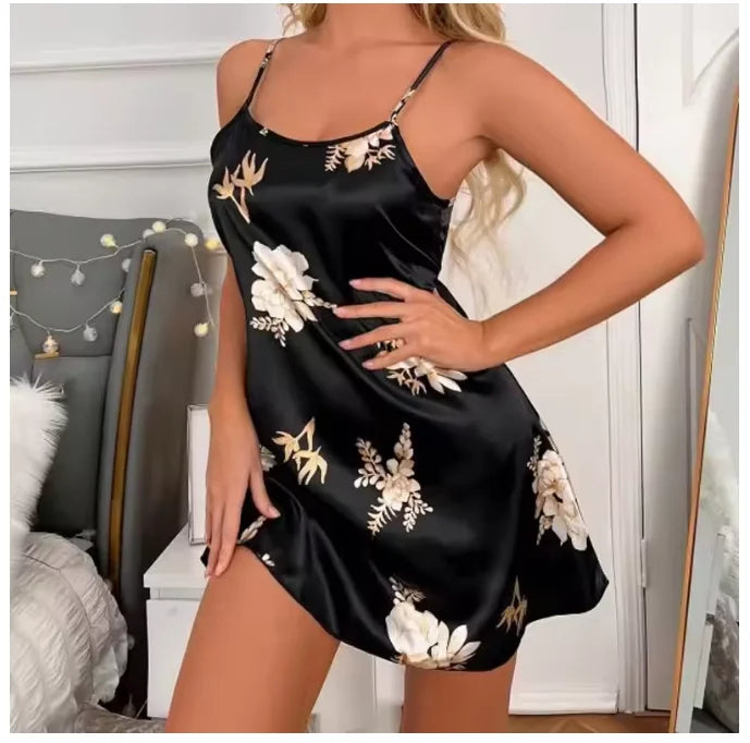 Women Nightwear Home Clothes Sexy Black Floral Printing Nightdress Sleepwear Nightshirts Silk Sleepshirts Nightgowns For Woman Viralgem Store