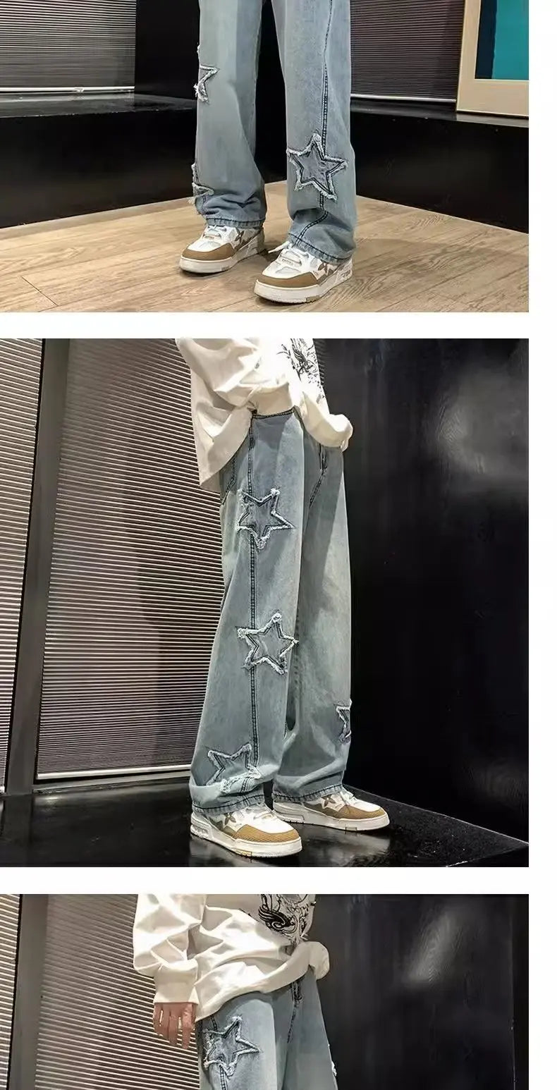 2024 New Fashion Stars Towel Embroidery Brown Men Jeans Pants Y2K Clothes Straight Hip Hop Cotton Trousers Pantalon Homme Viralgem Store