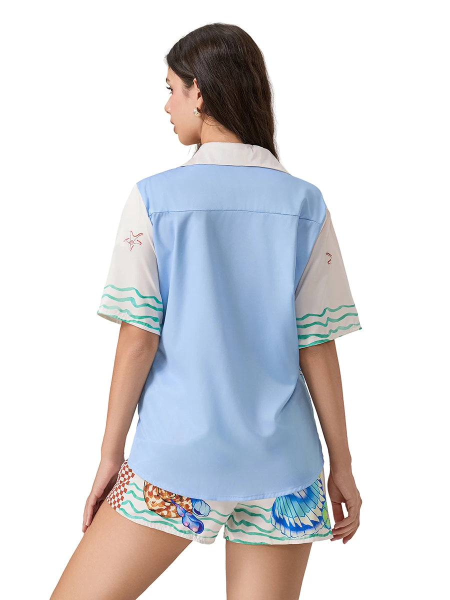 Women 2 Piece Shorts Outfits Ocean Print Button Short Sleeve Lapel T-Shirt and Elastic Shorts Club Streetwear Clothes Pjs Lounge