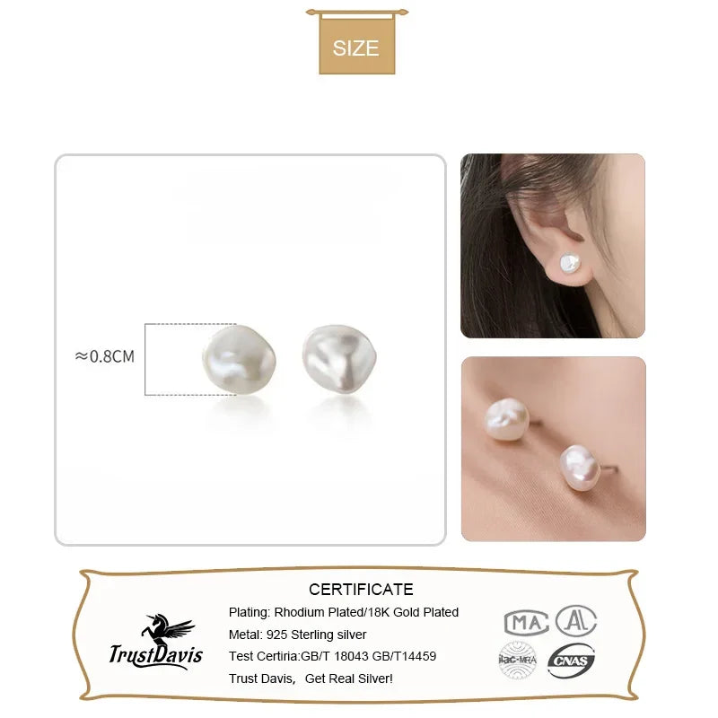 Trustdavis Authentic 925 Sterling Silver Sweet Irregular Baroque Pearl Stud Earrings For Women Wedding Party FIne Jewelry DA1224