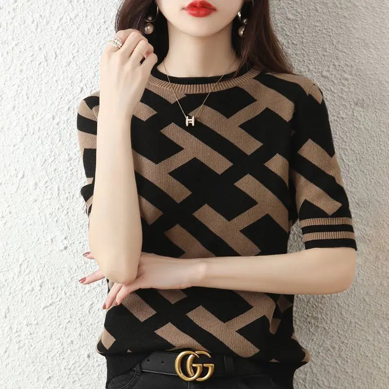 Spring Summer Knitted Top Classical Letter T-Shirt Short Sleeve Tee Korean Fashion Woman Blouse 2024 Cheap Women's Clothing Chic