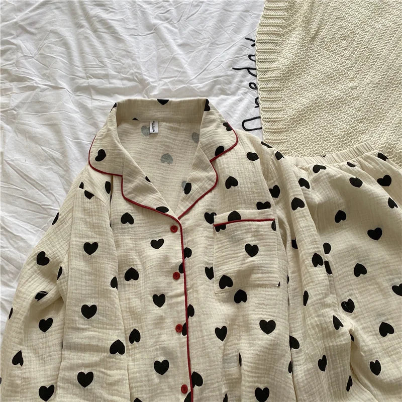 2 Pieces Womens Pajamas Long Sleeve Sleepwear Korean Heart Print Pijama Set Casual Nightwear Lady Home Suit Spring Pyjama Nighty