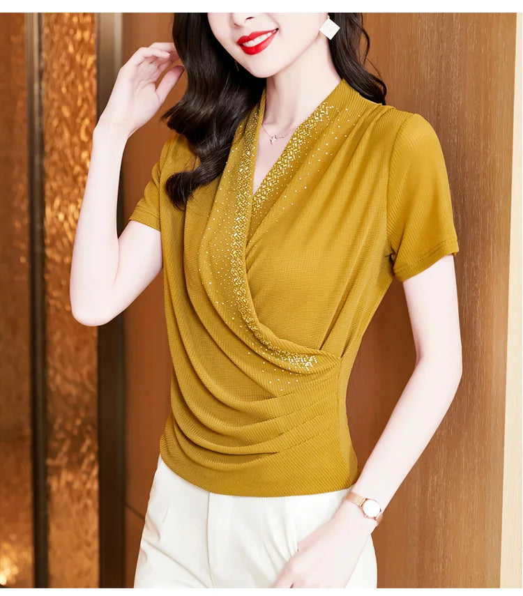 Summer Women's Short Sleeve T-shirt V-neck Korean Version Fashion Tops Female Shinning Ringstones Mesh Slim T Shirt