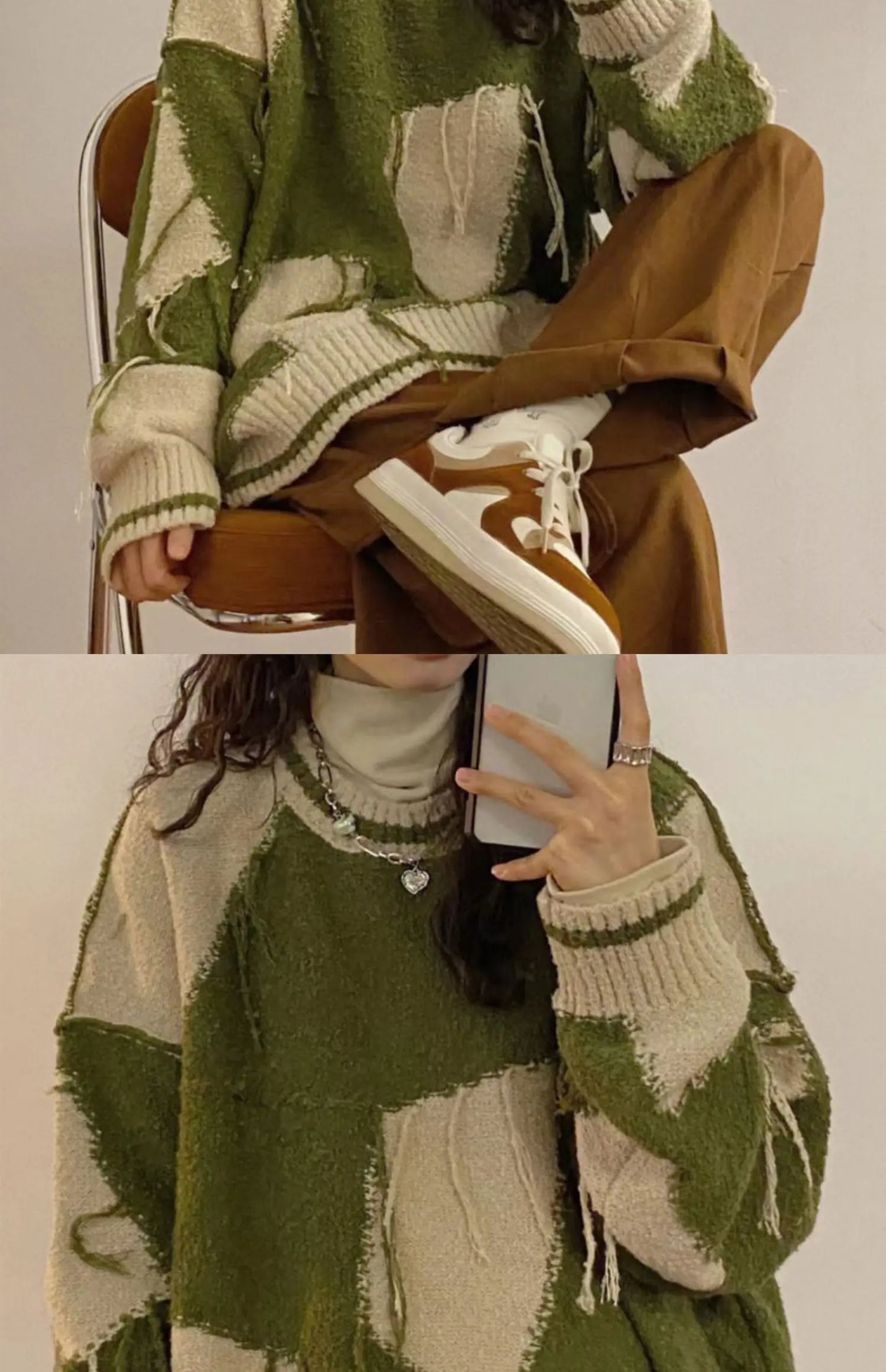 Women's Green Gothic Y2k Two-tone Knitted Sweater Harajuku Korean Y2k Long Sleeves Jumper Sweaters Vintage 2000s Clothes Autumn