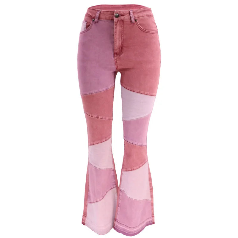 Women Flare Jeans Casual Pants Pannelled Collision Fashional High Waist Fit Female High Quality 91Y35