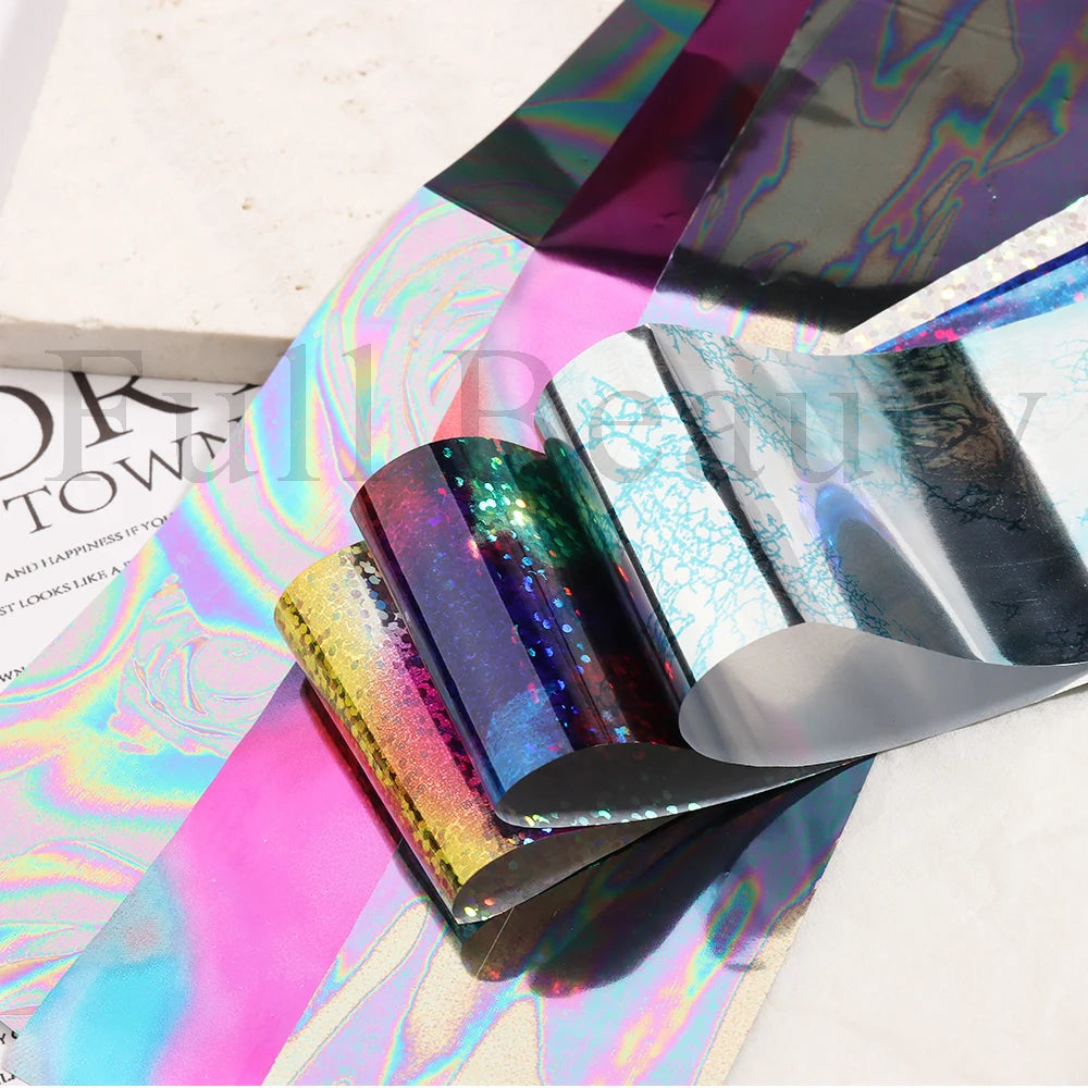 10Pcs Hologram Transfer Foil Nails Laser Stars Holographic Nail Stickers Mermaid Tail Sliders Metallic Gel Polish Wraps NLXKY01