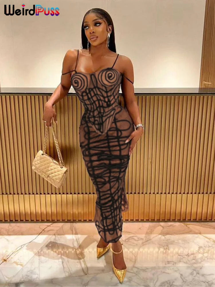 Weird Puss Stripe Print Sexy 2 Piece Set Women See Through Coquette Camisole+Long Skirts Midnight Clubwear Party Matching Suits Viralgem Store